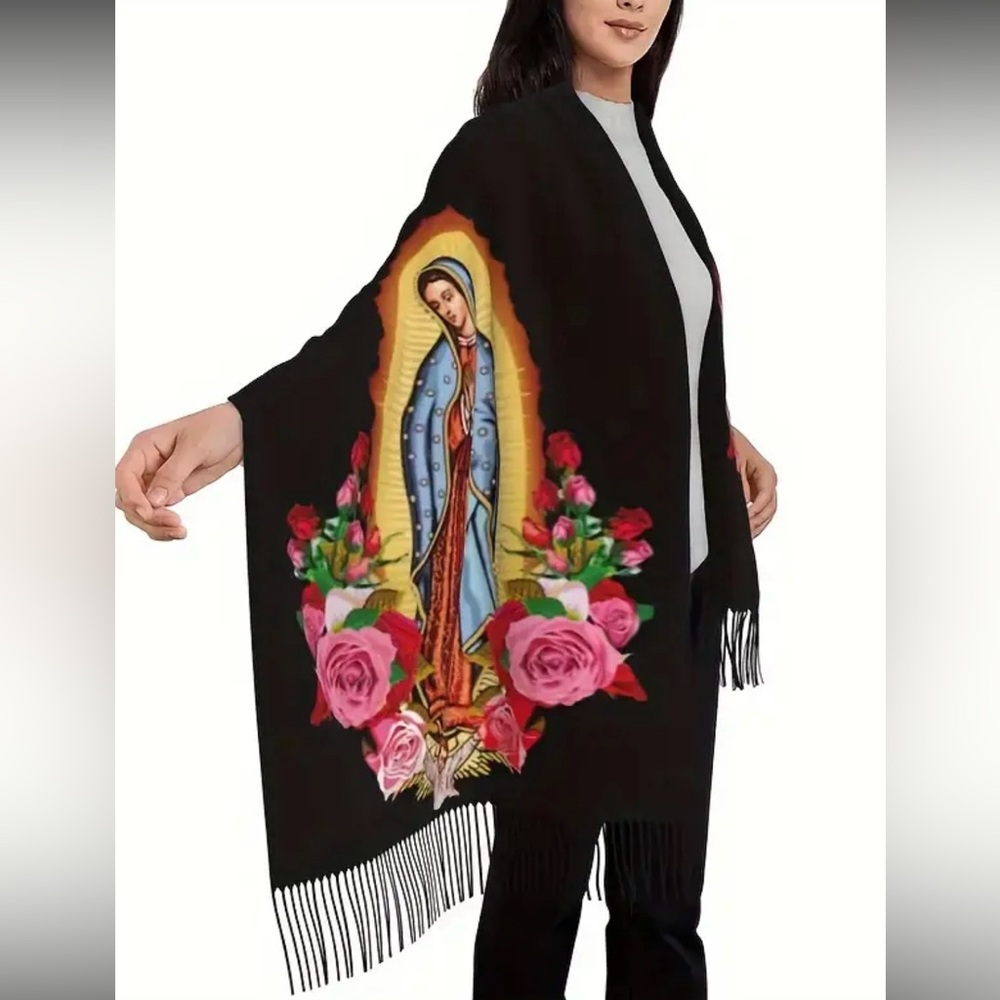 Virgen de Guadalupe Prayer Shawl – Woven Scarf with Fringe